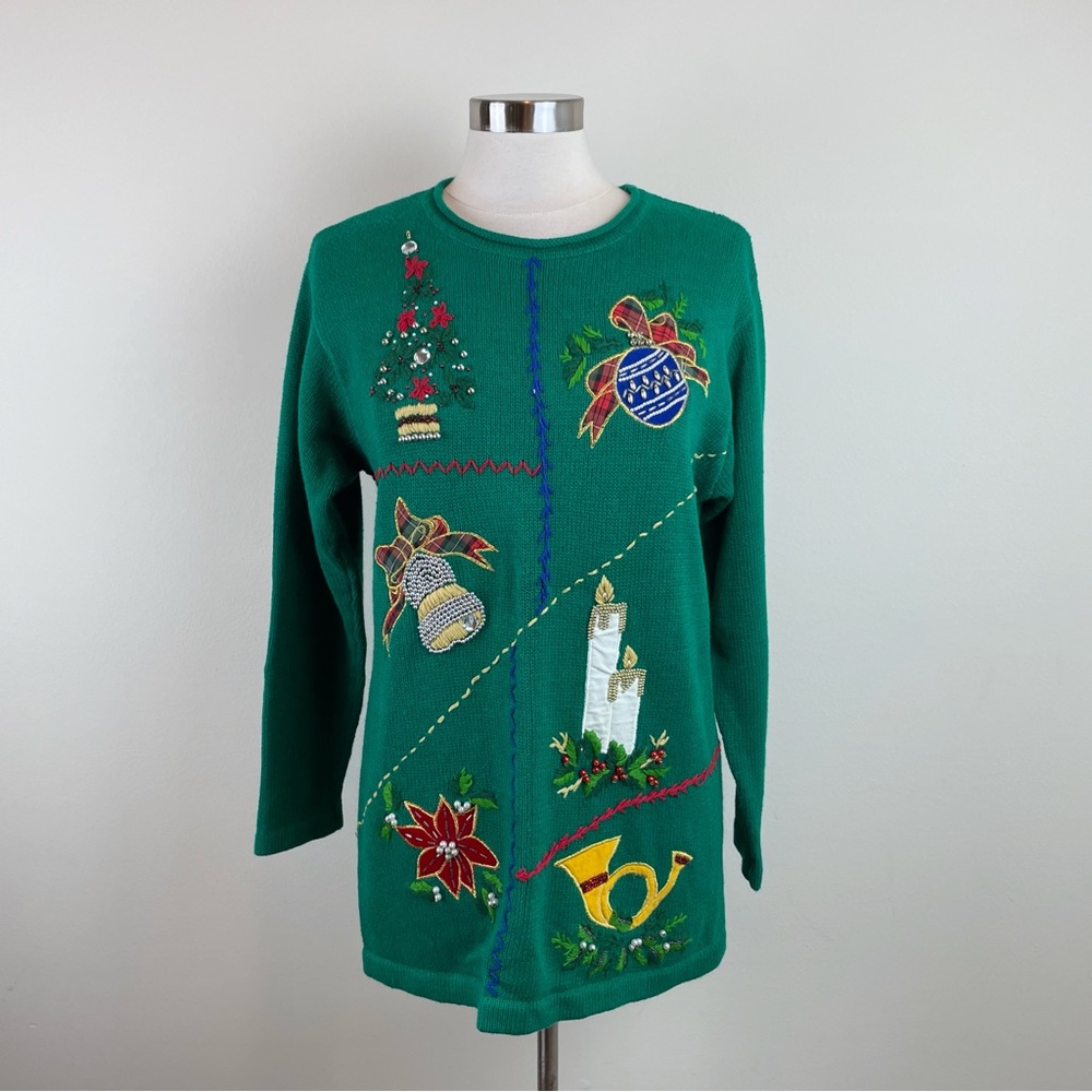 Victoria Jones Green Holiday Christmas Bells Candle Embroidered Sweater Small